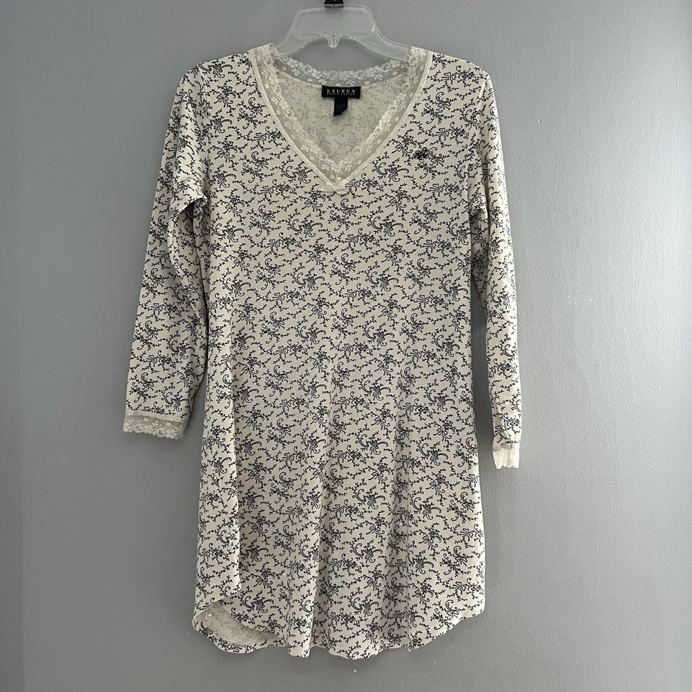 Ralph‎ Lauren Nightgown Size Small Ivory Floral Cotton lace Ribbed pajama dress